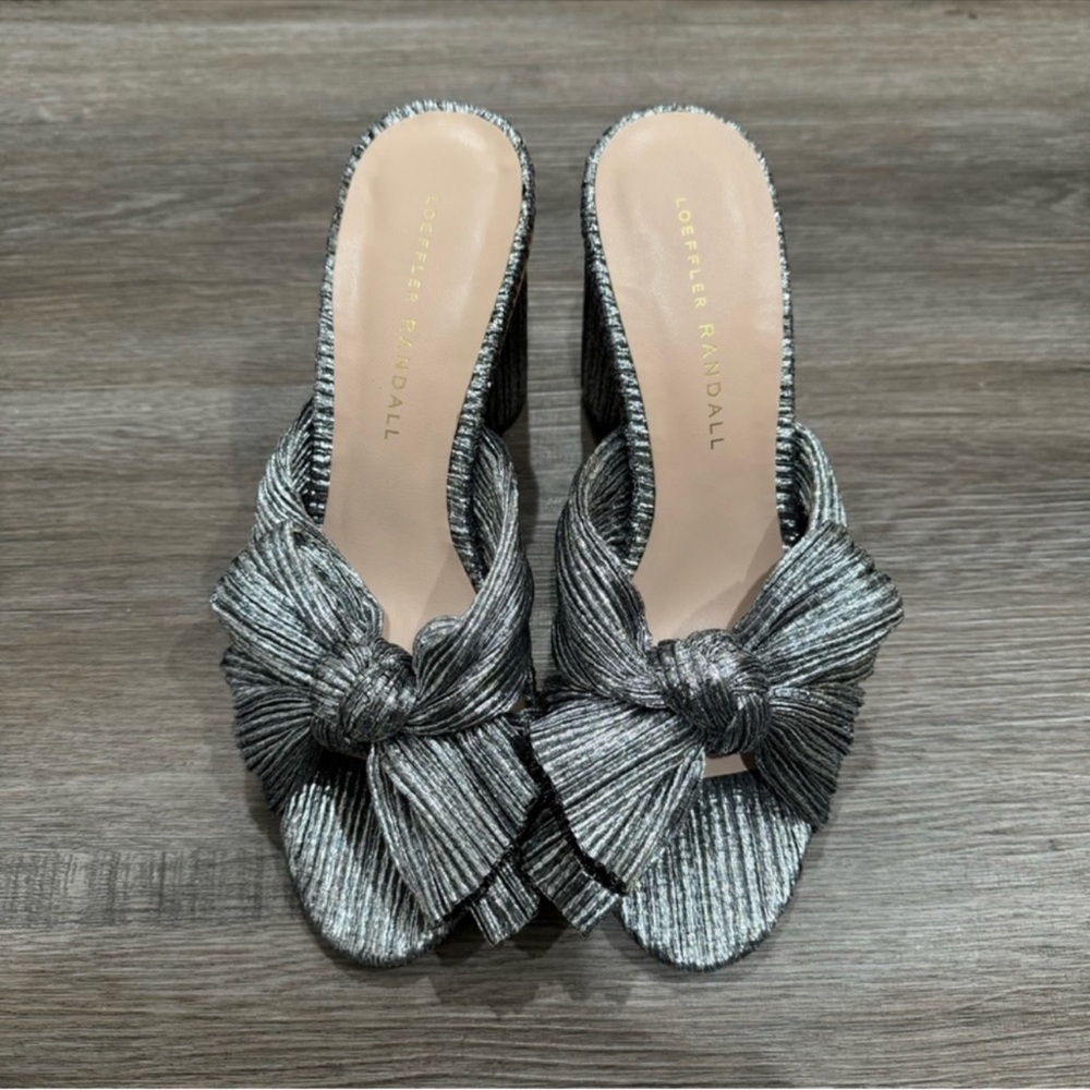 Loeffler Randall Penny Dark Silver Pleated Bow Fabric Sandal Heel Mules - Picture 5 of 9